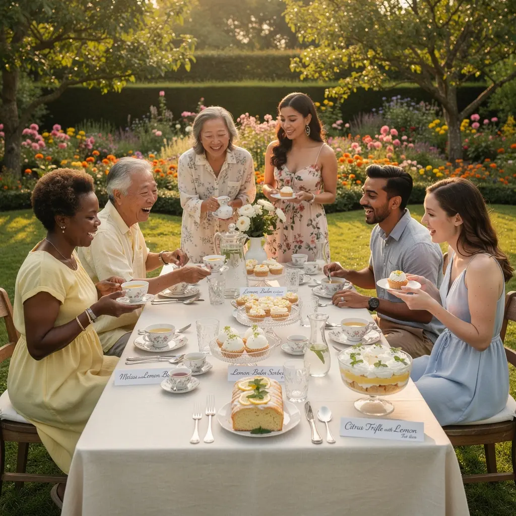 Egy csésze citromfű tea, amely vidám aromát áraszt, háttérben gyümölcsök.